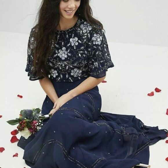 ASOS- Women’s Navy Blue Floor Length Embellished Dress Flutter Sleeve, Size 12 - Picture 16 of 16